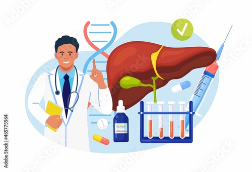 Doctor examining human liver for hepatitis, cancer, cirrhosis. Physician near lab blood samples and pills.Medical laboratory research, diagnosis and treatment of internal organ. Vector illustration