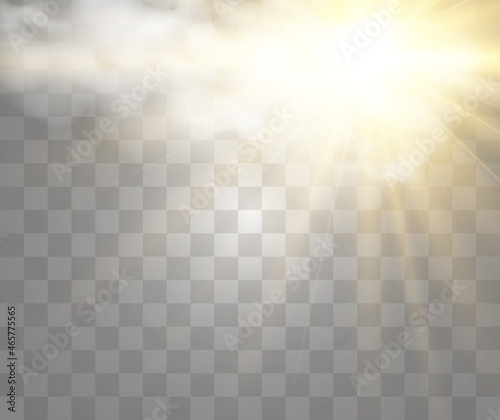 Vector illustration of the sun shining through the clouds. Sunlight. Cloudy vector.