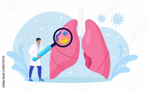 Pulmonology. Tiny doctor examining lungs with magnifier. Tuberculosis  pneumonia  lung cancer treatment or diagnostic. Internal organ inspection for respiratory system illness  disease or problems.