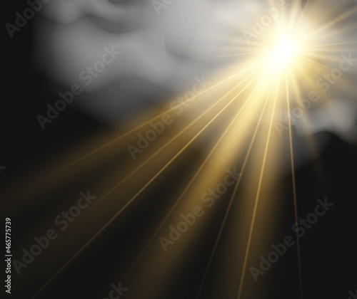 Vector illustration of the sun shining through the clouds. Sunlight. Cloudy vector.