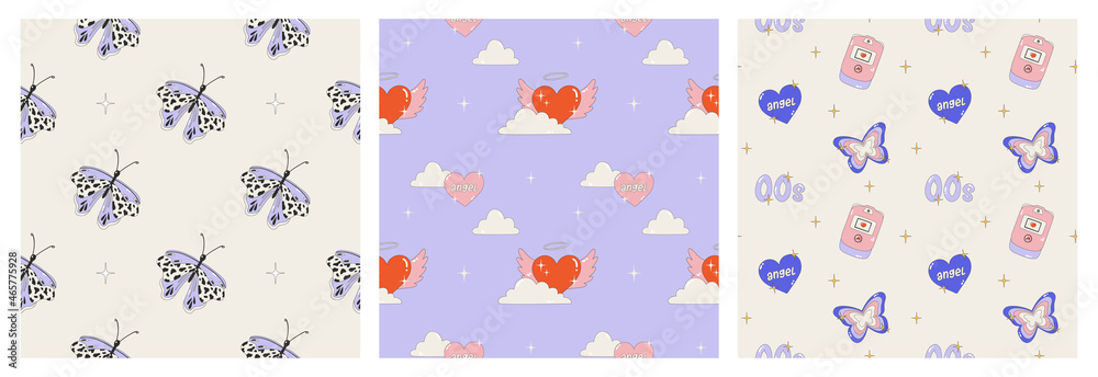 Set of seamless patterns in the style of the 2000s. Posters with butterflies, hearts, wings and clouds. Bright Vector illustrations of Y2k-style patterns