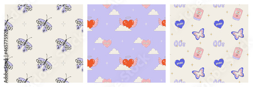 Set of seamless patterns in the style of the 2000s. Posters with butterflies, hearts, wings and clouds. Bright Vector illustrations of Y2k-style patterns