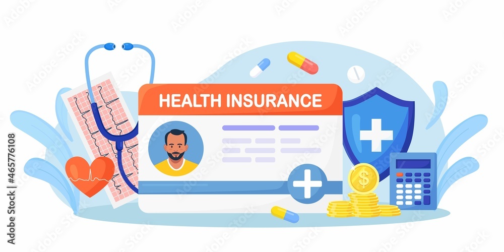 Medical Insurance Id Card with Big Shield, Stethoscope, Drugs, Money, Cardiogram. Protection of Health and Life with Document. Insurance Case. Vector design
