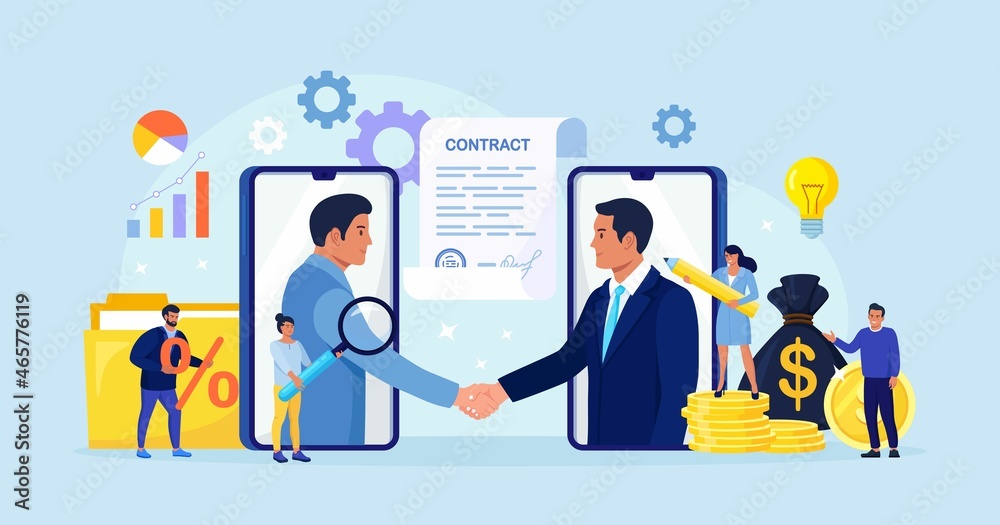 Online conclusion of the transaction. Businessmen handshake after successful negotiations or signing a contract. Online agreement using mobile phone for opening of a new startup. Vector design Online conclusion of the transaction. Businessmen handshake after successful negotiations or signing a contract. Online agreement using mobile phone for opening of a new startup. Vector design
