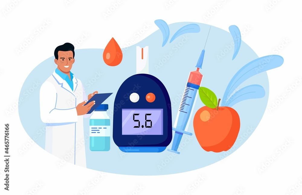 Doctor testing blood for sugar and glucose, using  glucometer for hypoglycemia or diabetes diagnosis. Physician with laboratory test equipment, syringe and vial, insulin - obrazy, fototapety, plakaty 
