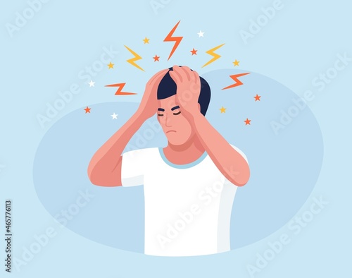 Sad man with strong headache, tired and exhausted person holding head in hands. Migraine, chronic fatigue and nervous tension,  depression, stress or flu symptom. Vector illustration