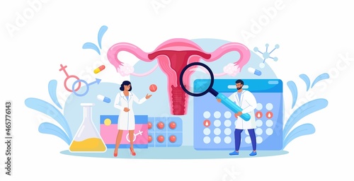 Female reproductive health. Gynecologist doctors make uterus examination, diagnosis, laboratory test screening. Gynecology disease prevention. Ovaries, womb, cervix medical treatment. Vector design