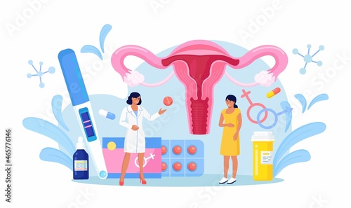 Gynecology checkup for women. Doctor gynecologist consult patient about fallopian tubes, ovary disease. Female reproductive system exam, treatment and therapy. Vector design