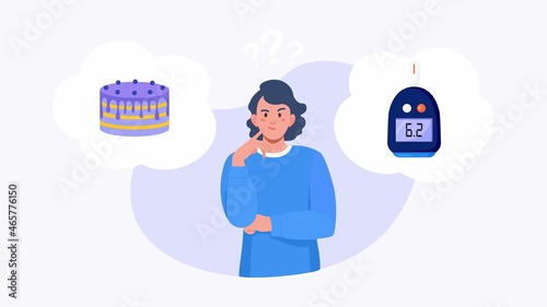 Woman choosing between cake and normal level of glucose in blood. Girl thinking about sweets and about glucometer. Choice between diabetes disease and health. Vector design