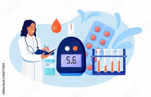 Doctors testing blood for sugar and glucose, using glucometer for hypoglycemia or diabetes diagnosis. Laboratory test equipment, pills and test tubes. Vector design