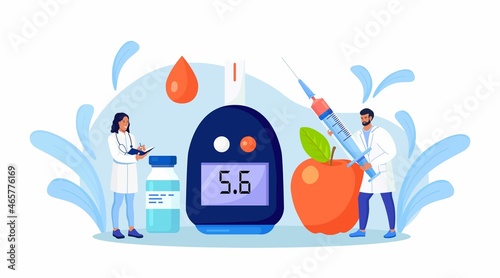 Doctors testing blood for glucose, using glucometer for hypoglycemia or diabetes diagnosis. Laboratory equipment and syringe. Physician measuring sugar level. Vector illustration