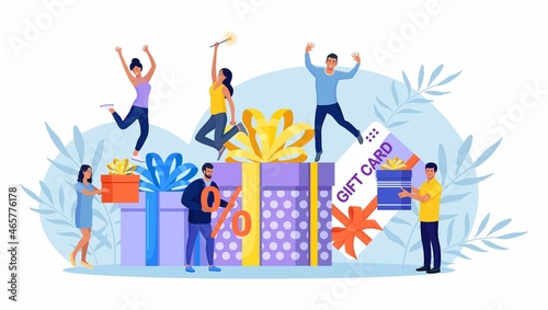 Online reward. People receive gift box. Internet retail customers with Gift card, gift voucher, discount coupon and gift certificate, digital referral program. Promotion of online store, bonus. Vector