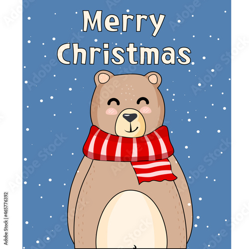 A funny bear in a scarf is smiling. Flat style. Blue background. Wild animal. Merry Christmas and Happy New Year. Winter. December 25. Holiday.  Snowflakes. Celebration. Stock Vector illustration.