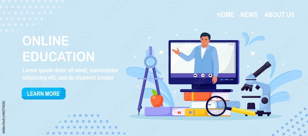 Online education or business training. Pile of books and computer with video course and professional personal teacher on screen. Educational web seminar, internet classes, E-learning by webinar. 