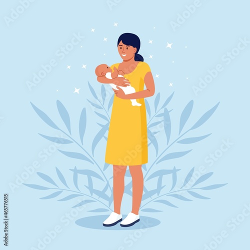 Happy mother holds her infant baby in her arms. Motherhood and care about kids. Woman with newborn on hands. Vector design