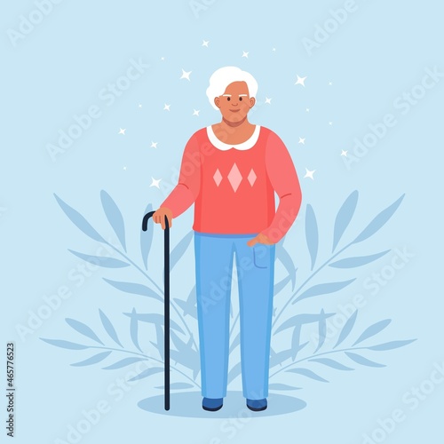 Grandma with walking cane. Retired, older woman in casual outfit with stick. Vector design
