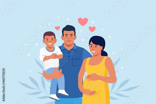 Happy big family standing together. Pregnant Mom, dad and child. Smiling relatives gathering in group. Vector illustration