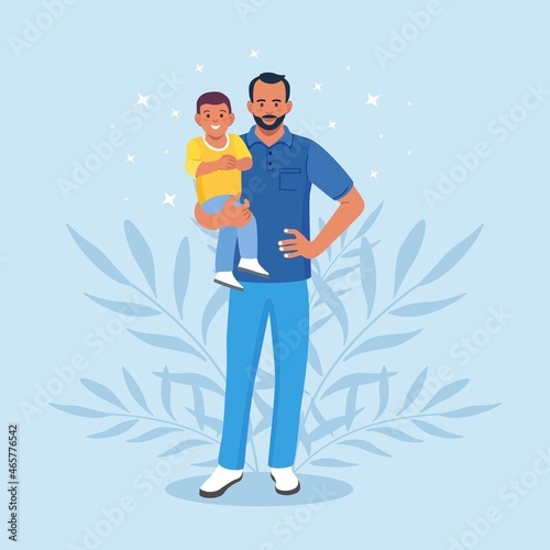 Bearded man carrying young boy. Young father holds his child with care and love. Happy Fathers day. Smiling dad holding son. Vector illustration