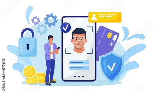 Face recognition and data safety. Man getting access to data after biometrical checking. Person holds phone and scans the  face with mobile application. Biometric identification, face ID system Vector photo
