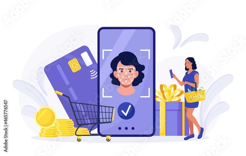 Woman using face recognition technology for payment. Girl use facial Biometric Identification application to login to system to buy. Smartphone id security system. Client shopping online Vector design