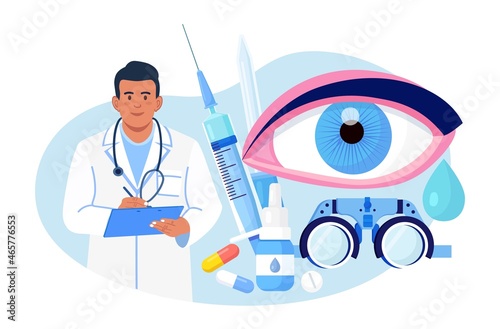 Ophthalmology medicine and optical eyesight examination. Idea of eye care and vision. Ophthalmologist doctor tests myopia. Patient sight correction, treatment with pills drops and glasses. Vector 