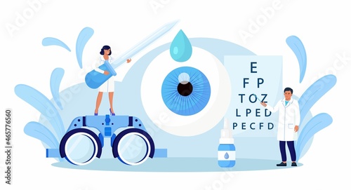 Ophthalmology concept. Ophthalmologist Doctor Checks Patient Eyesight. Optical Test for Eyes. Good Vision and Care. Oculist Pointing at Eye Test Chart. Ophthalmological Sight Examination and Treatment
