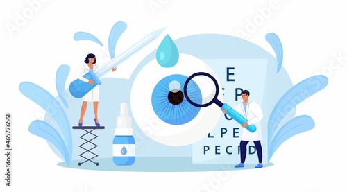 Ophthalmology concept. Ophthalmologist Doctor Checks Patient Eyesight. Optical Test for Eyes, Spectacles Technology. Good Vision and Eye Care. Ophthalmological Sight Examination and Treatment. Vector  photo