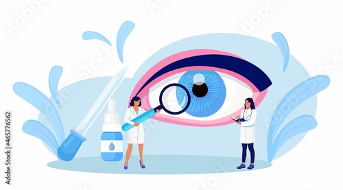 Ophthalmology. Tiny doctors treats and examines eyes, vision. Medical eyesight check up, diagnosis. Lens examination and retina correction. Vector design