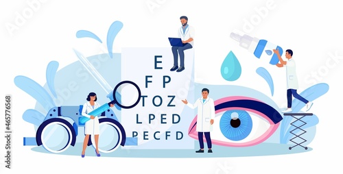 Ophthalmology concept. Ophthalmologist Doctor Checks Patient Eyesight. Optical Test for Eyes. Good Vision and Care. Oculist Pointing at Eye Test Chart. Ophthalmological Sight Examination and Treatment