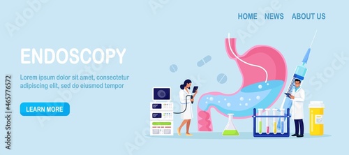 Gastroenterology. Tiny doctors diagnosis of the stomach disease using endoscopy. Human stomach with endoscope inside. Tract system examination. Vector design