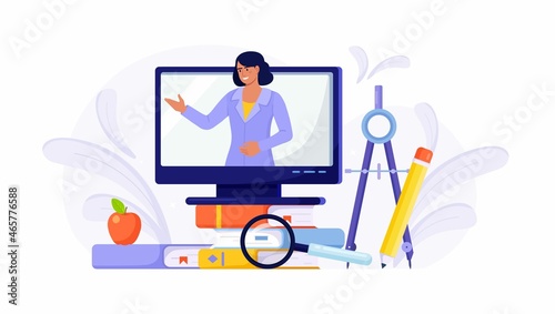 Online education or business training. Pile of books and computer with video course and professional personal teacher on screen. Educational web seminar, internet classes, E-learning by webinar Vector