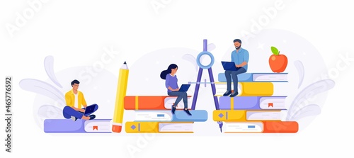 Online Education or Business Training. Pile of Books and Students Learning Web Courses or Tutorials by Laptop. Educational Web Seminar, Internet Classes, E-learning by Webinar. Vector illustration