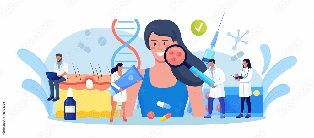 Naklejka premium Dermatology. Woman Face with Acne Inflammation, Varicella, Allergies or Cancer. Tiny Doctors with Medical Equipment Examining Red Spots, Pimples. Dermatologist Diagnosis Skin Disease. Vector design