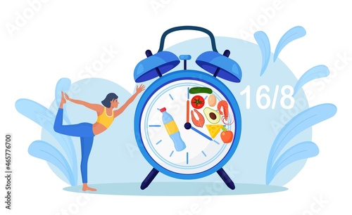 Girl stand balanced in tree pose waiting for time to eat. Yoga. Patience. Intermittent fasting. Woman doing sports, fitness. Dieting, proper nutrition.Time restricted eating. Food intake clock. Vector