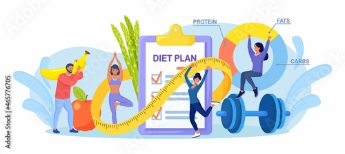 Diet plan checklist. People doing  exercise, training and planning diet with fruit and vegetable. Girl doing yoga. Nutrition weight loss diet, individual dietary. Health lifestyle, fitness. Vector