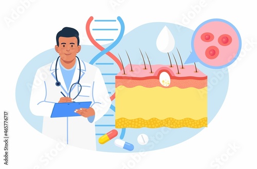 Dermatology. Skin Epidermis Scheme with Acne Inflammation, Varicella, Allergies or Cancer. Doctors Examining Red Spots, Pimples. Dermatologist Diagnosis Skin Disease. Vector illustration