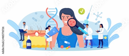 Dermatology. Woman Face with Acne Inflammation, Varicella, Allergies or Cancer. Tiny Doctors with Medical Equipment Examining Red Spots, Pimples. Dermatologist Diagnosis Skin Disease. Vector design