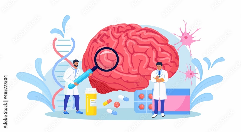 Scientist study human brain and psychology. Doctor neurologist character examine huge organ and diagnosis controlled pills treatment. Neurology disease diagnostics. Treating headache, migraine. Vector Scientist study human brain and psychology. Doctor neurologist character examine huge organ and diagnosis controlled pills treatment. Neurology disease diagnostics. Treating headache, migraine. Vector