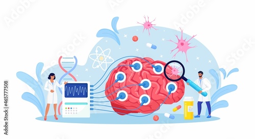 Doctor neurologist, neuroscientist, physician study brain connected to display with EEG indication. Neurology, neuroscience, electroencephalography concept. Vector illustration