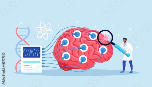 Doctor neurologist, neuroscientist, physician study brain connected to display with EEG indication. Neurology, neuroscience, electroencephalography concept. Vector illustration photo