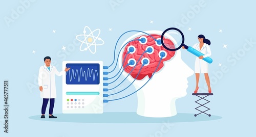 Doctor neurologist, neuroscientist, physician study brain connected to display with EEG indication. Neurology, neuroscience, electroencephalography concept. Vector design