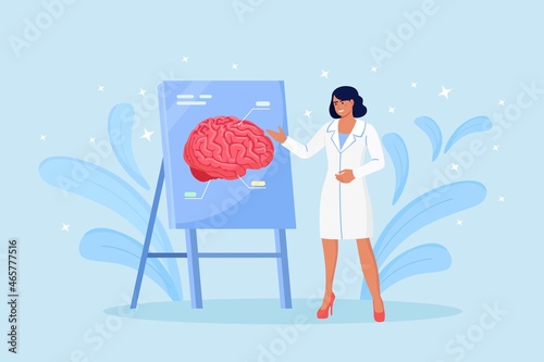 Doctor pointing on demonstration board with human brain explain its opportunities. Physician or scientist teaching about alzheimer, dementia disease symptoms, mental sickness. Medical conference.