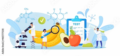 Biological scientists research of food. Tiny chemists testing product to learn about safety, chemical structure. Biologists growing plants in lab, cultivating genetically modified vegetables, fruits