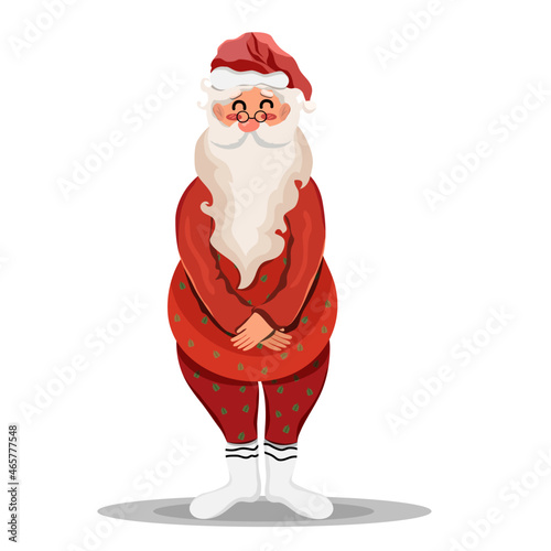 Santa Claus in pajamas covers himself with his hands and hides from his eyes. Flat style. Merry christmas and a happy new year. 2022 year of the tiger. Present. Isolated. White background. Vector.