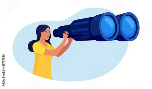 Woman looking through big binoculars far ahead, looking for something. Girl is watching someone closely. Young lady is traveling with field glasses. Vector design