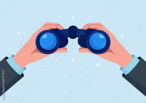 Man Holding Binocular in Hand and Looking Far Ahead. Person is Watching Someone Closely. Observation, Discovery, Future concept. Search Engine or Research, Web Surfing. Vector illustration