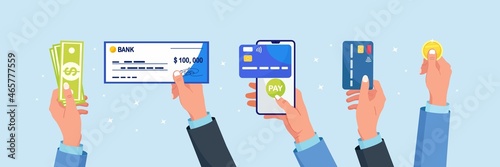 Different types of business payments. Businessman holds debit or credit card, banking cheque with signature, dollar money, coins. Phone with mobile banking app in hand. Online cashless payment or cash photo