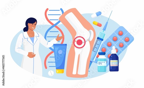 Arthritis of knee joint. Patient suffering from joints pain. Doctor treat rheumatism, osteoarthritis, rheumatoid arthritis. Medical examination. Vector design