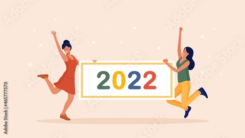 Happy jumping people hold signs or placard with numbers 2022. Group of friends wish Merry Christmas and happy New Year. Holiday greeting. Cheerful people celebrating xmas. Vector design