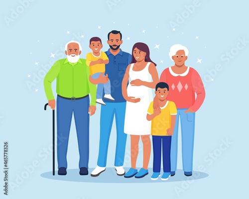 Happy big family standing together. Grandma, grandfather, mom, dad, children. Smiling relatives gathering in group. Multigenerational relationship. Vector illustration